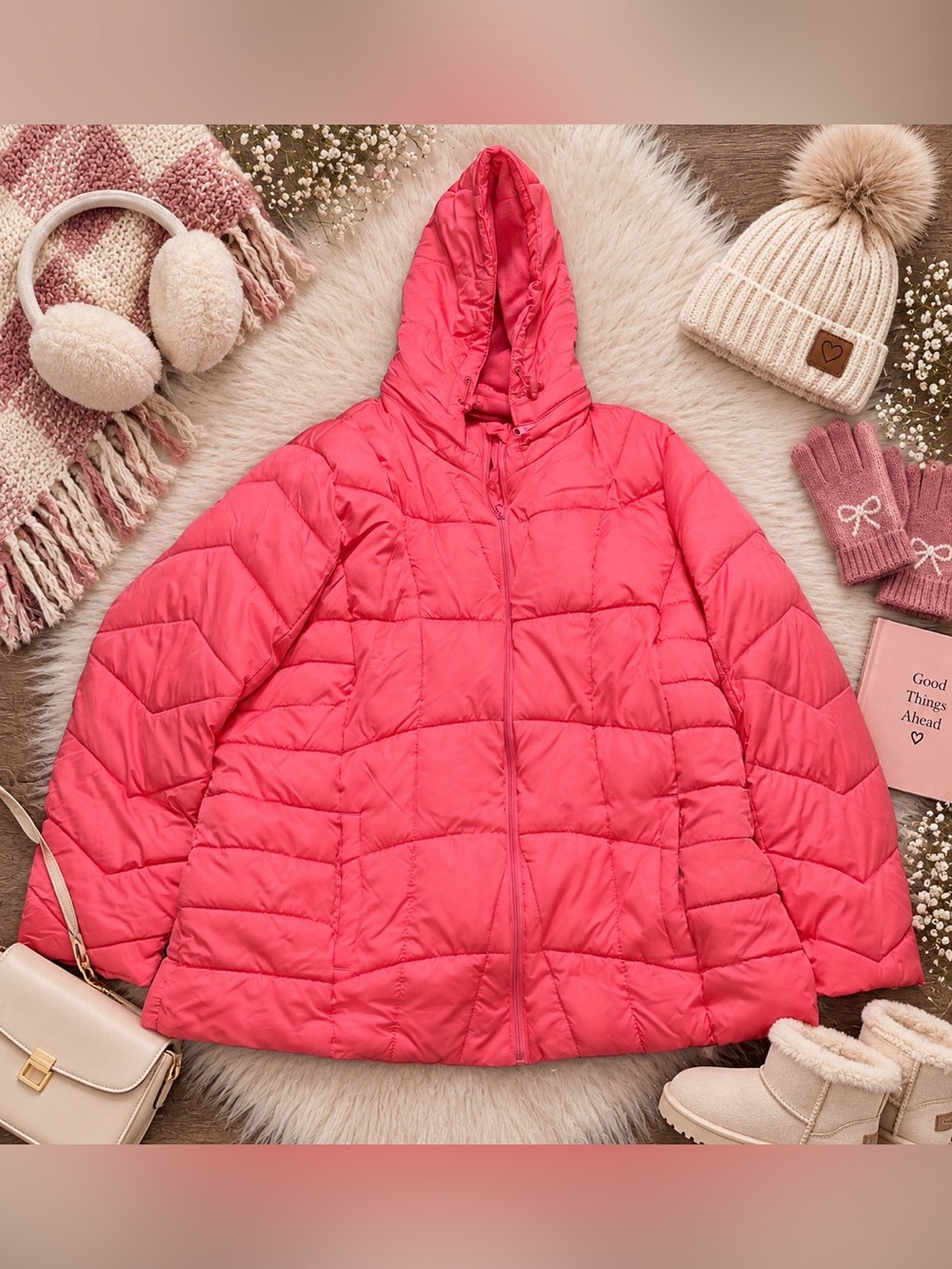 Faded Glory Women’s 3XL Coral Pink Hooded Puffer Jacket